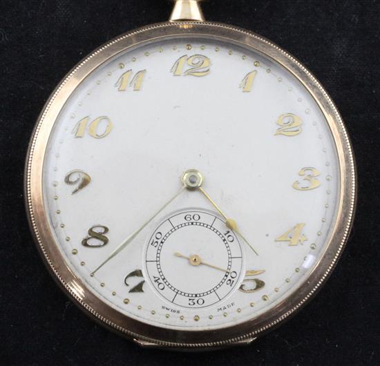 A mid 1930s Swiss 9ct gold keyless lever dress pocket watch,